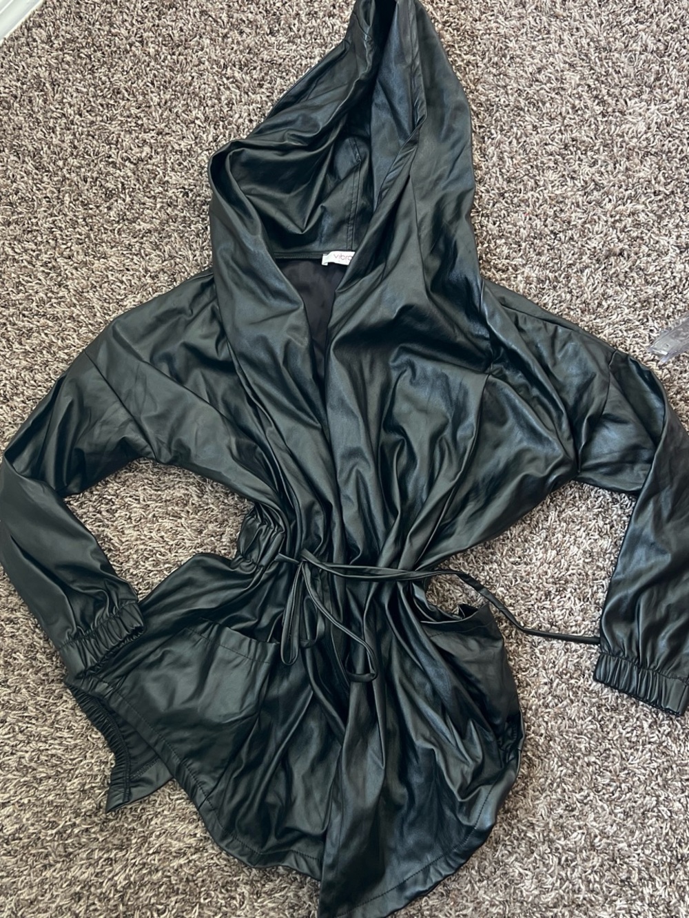 🆕 Faux Leather Hooded Drawstring Jacket - Black
